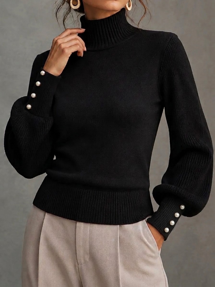 Elegant Solid Color Turtleneck Beaded Sweater
