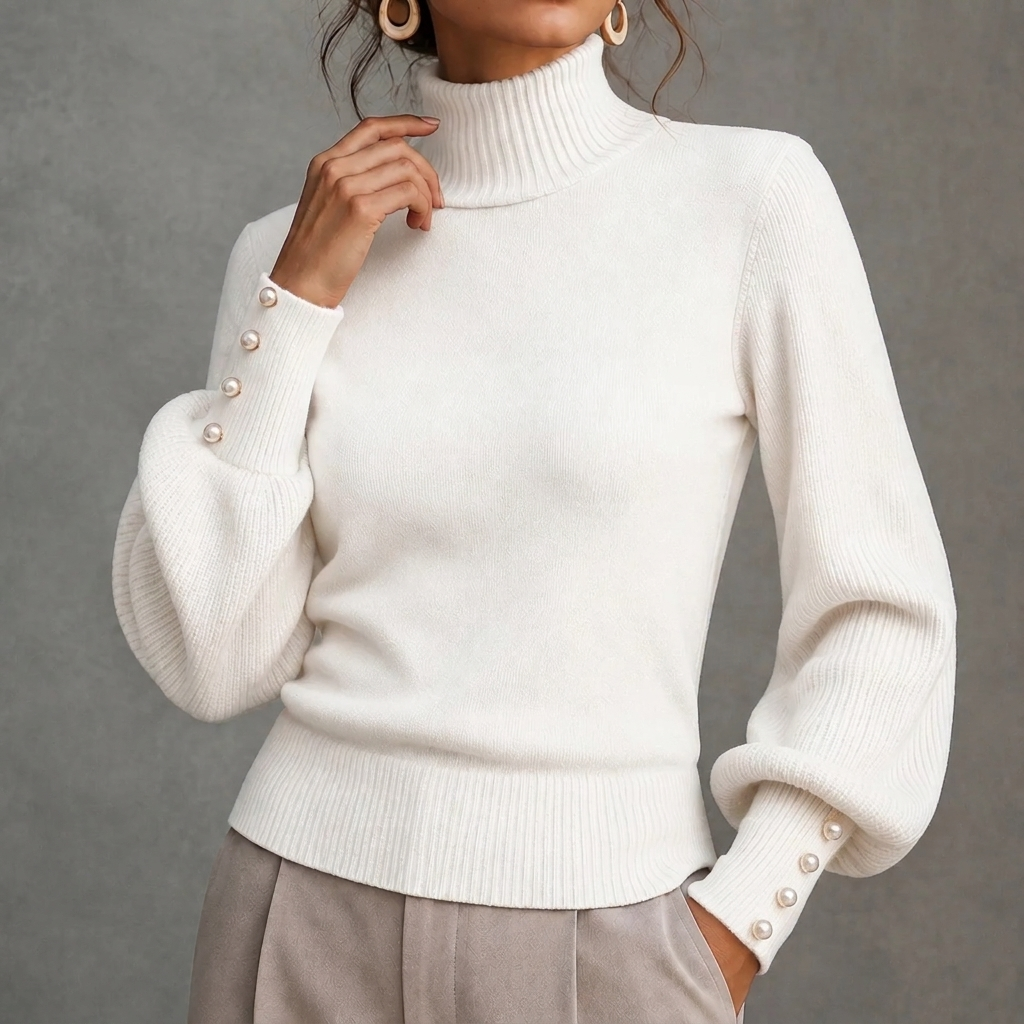 Elegant Solid Color Turtleneck Beaded Sweater