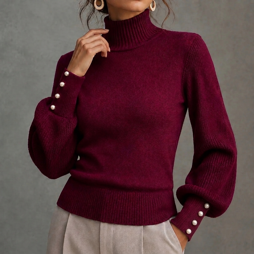 Elegant Solid Color Turtleneck Beaded Sweater