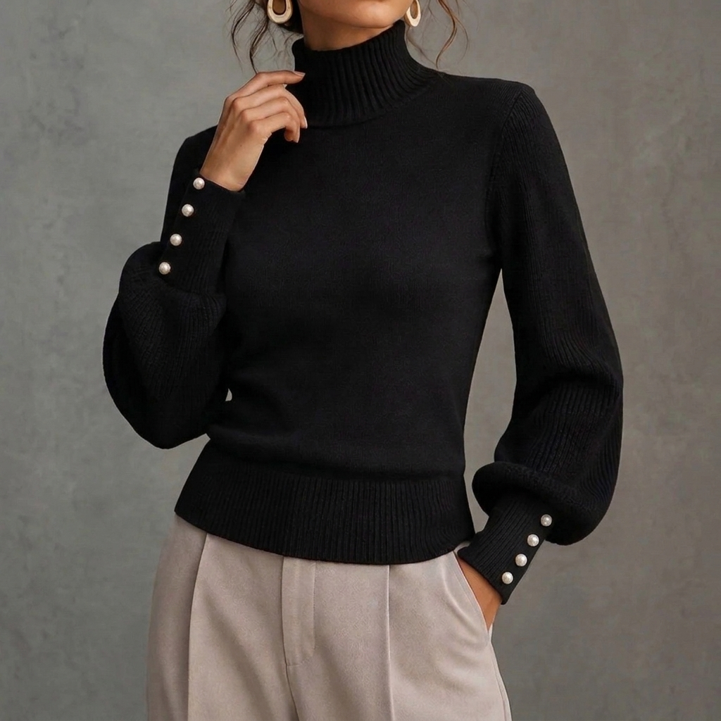Elegant Solid Color Turtleneck Beaded Sweater