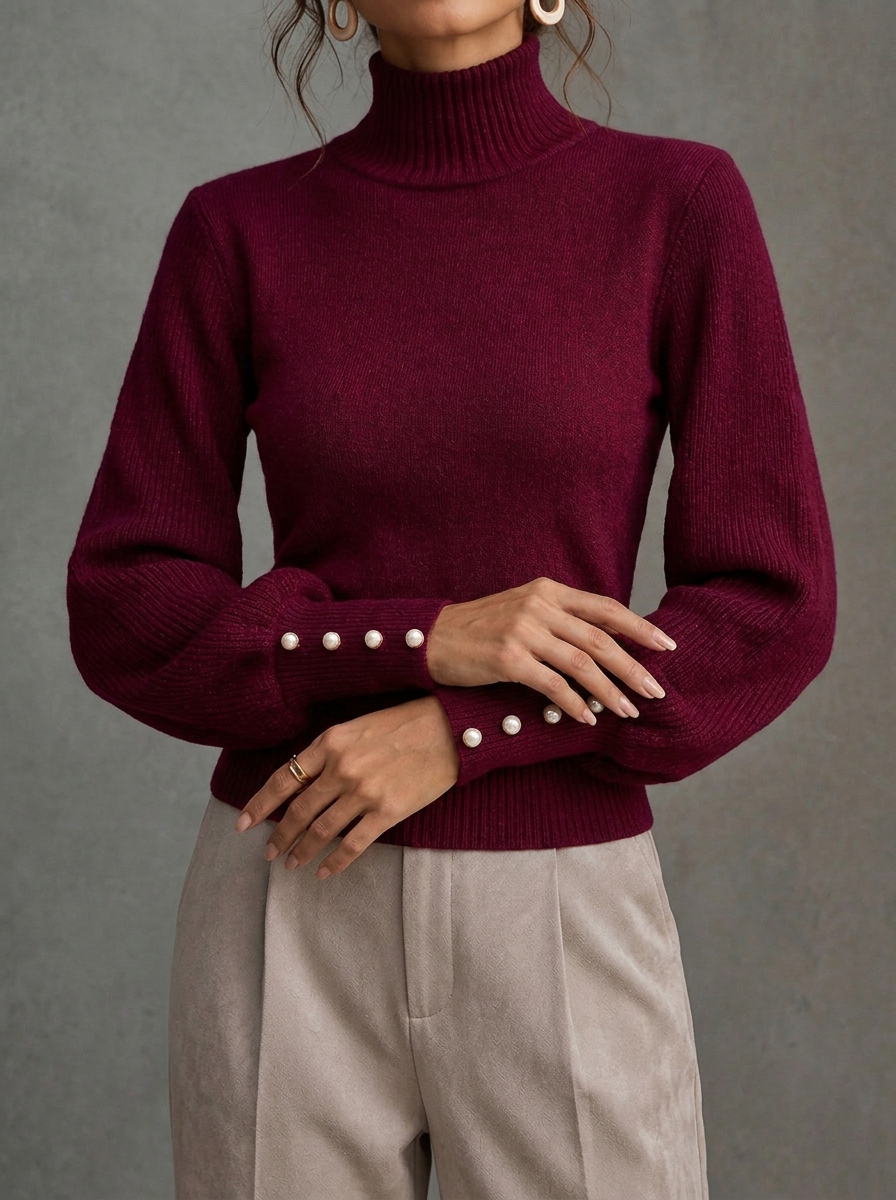 Elegant Solid Color Turtleneck Beaded Sweater