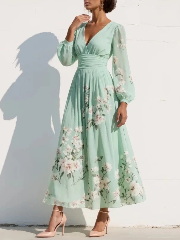 Elegant Floral Print Long-sleeved V-neck Pleated Dress