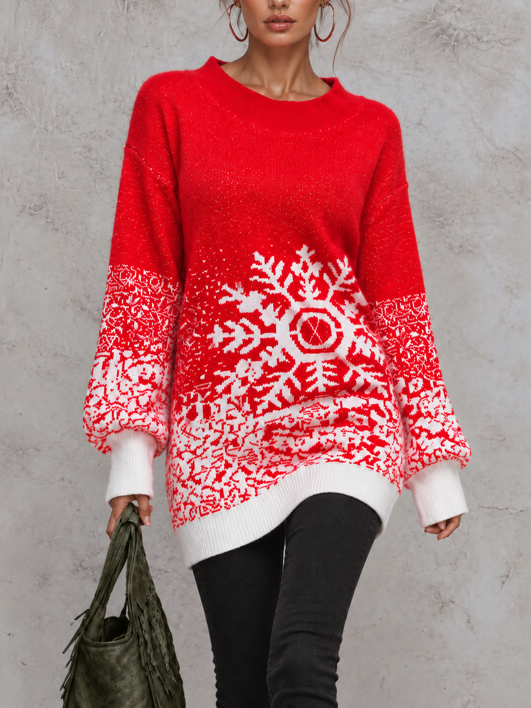 Elegant Long Loose-fit Knitted Sweater With Lantern Sleeves