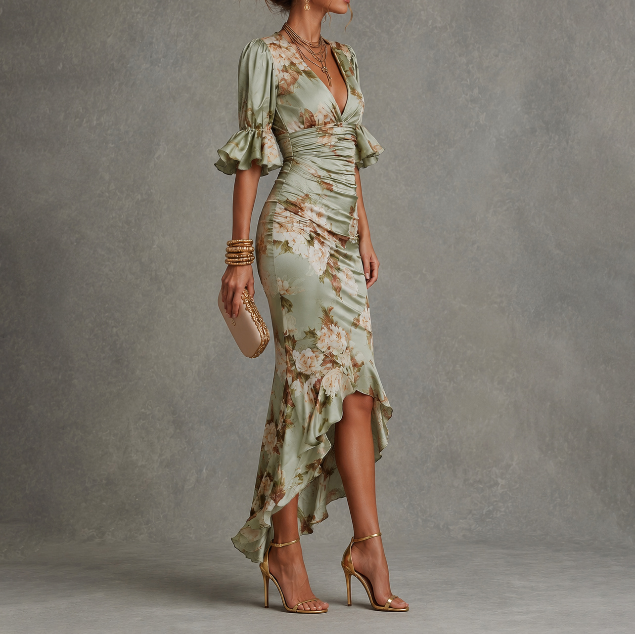 Retro V-neck Printed Ruffles Maxi Dress