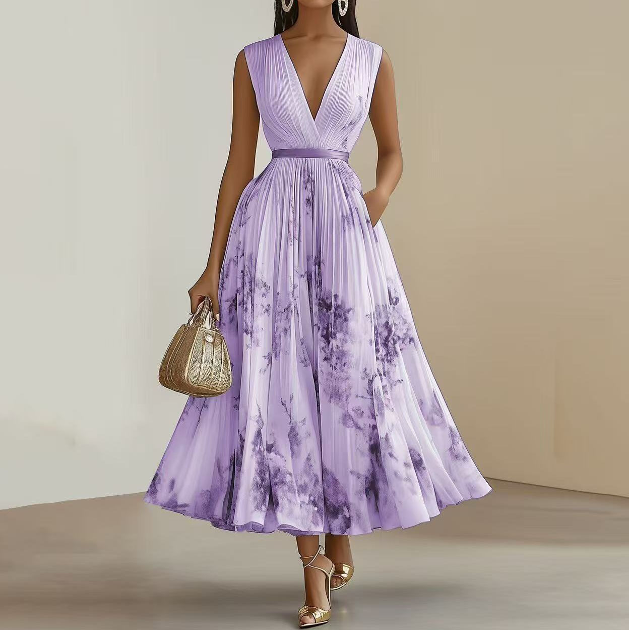 Women's Printed V-neck Sleeveless Fashion Pleated Dress