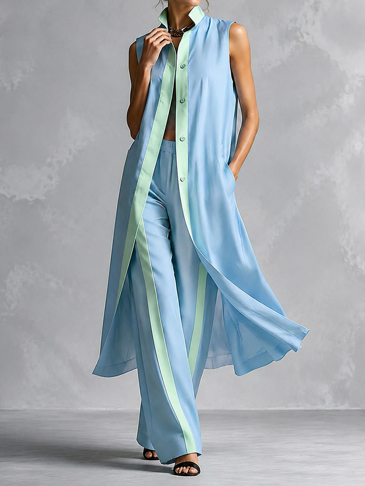 Elegant Two-piece Set Color-blocked Loose Cardigan + Trousers