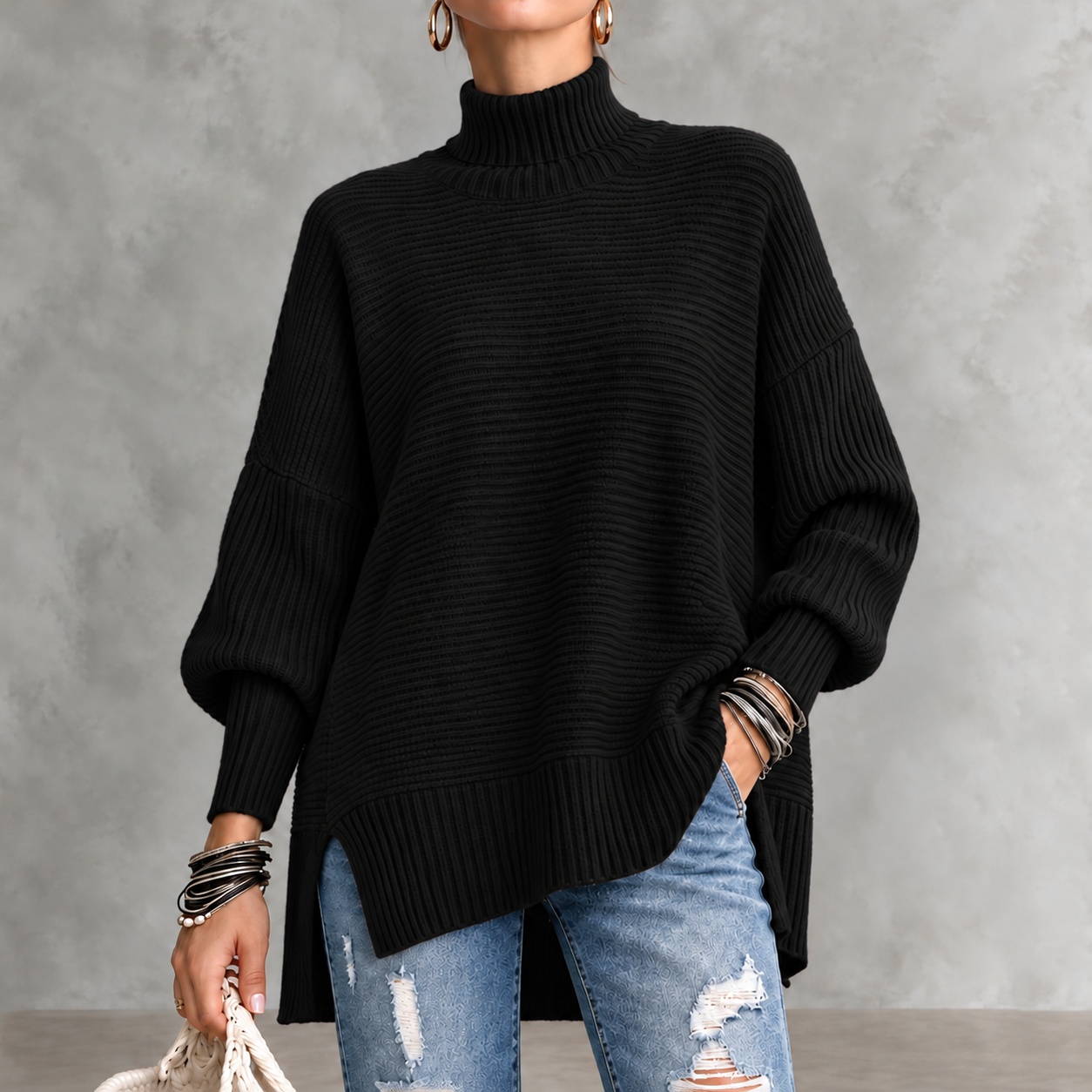 Elegant Loose-fit Batwing-sleeve Knitted Pullover