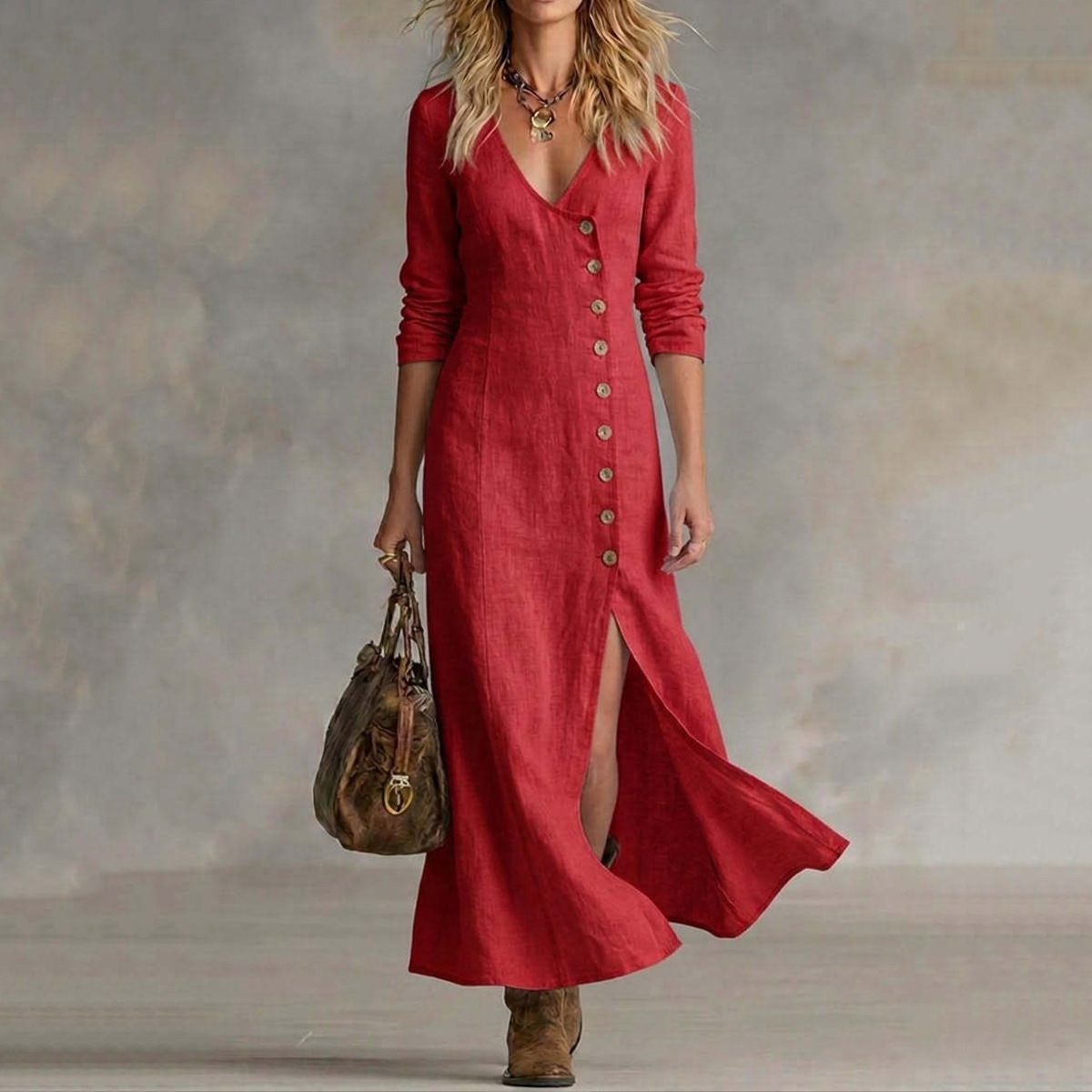 Casual Linen Long-sleeved Button Placket Dress