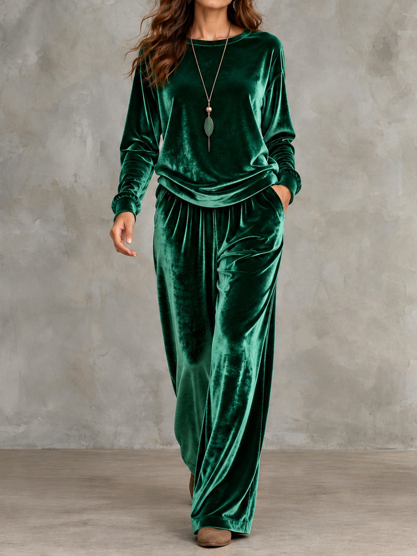 Elegance Velvet Long-sleeved Crew-neck Pullover And Trousers Set