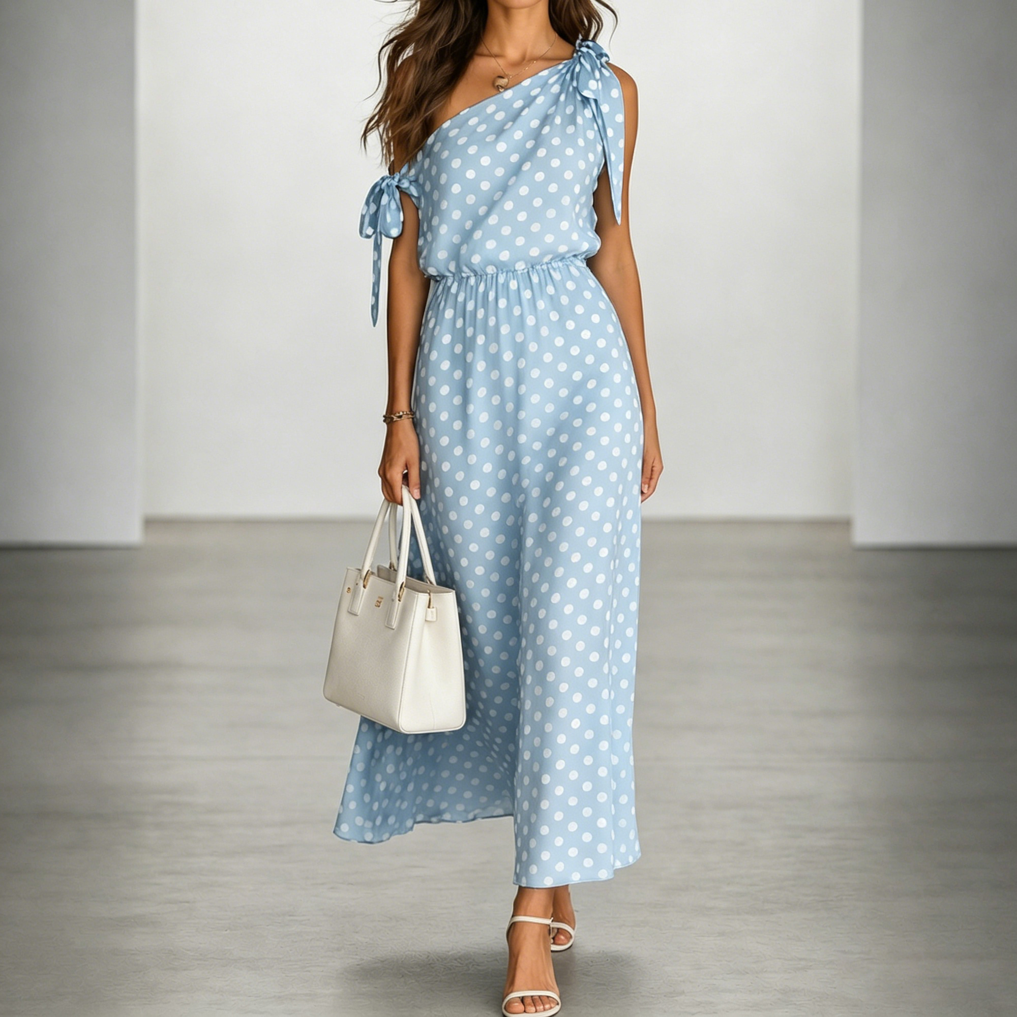 Elegant Off-shoulder Sleeveless Polka Dot Maxi Dress
