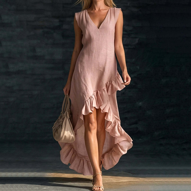 Sleeveless V-neck Ruffled Hem Linen Dress