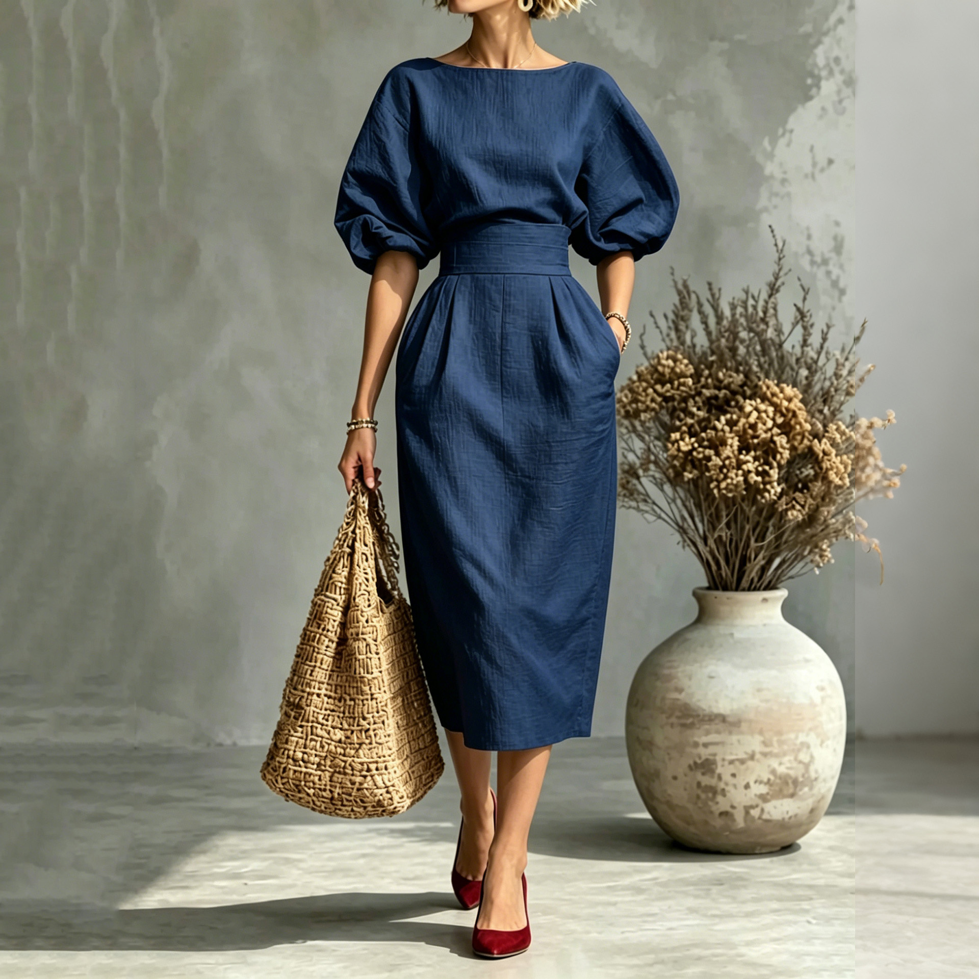Elegant Pleated Waist Boat Neck A-line Skirt With Puff Sleeves Max Dress