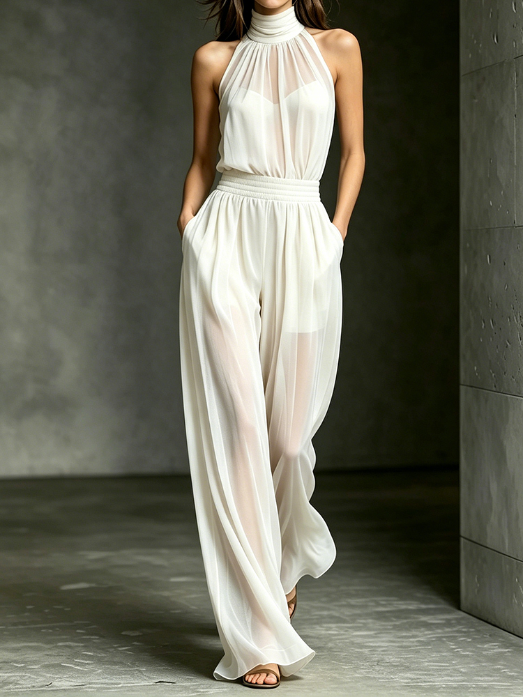 Chiffon Spliced Sleeveless High Neck Backless Wide Legs Jumpsuit