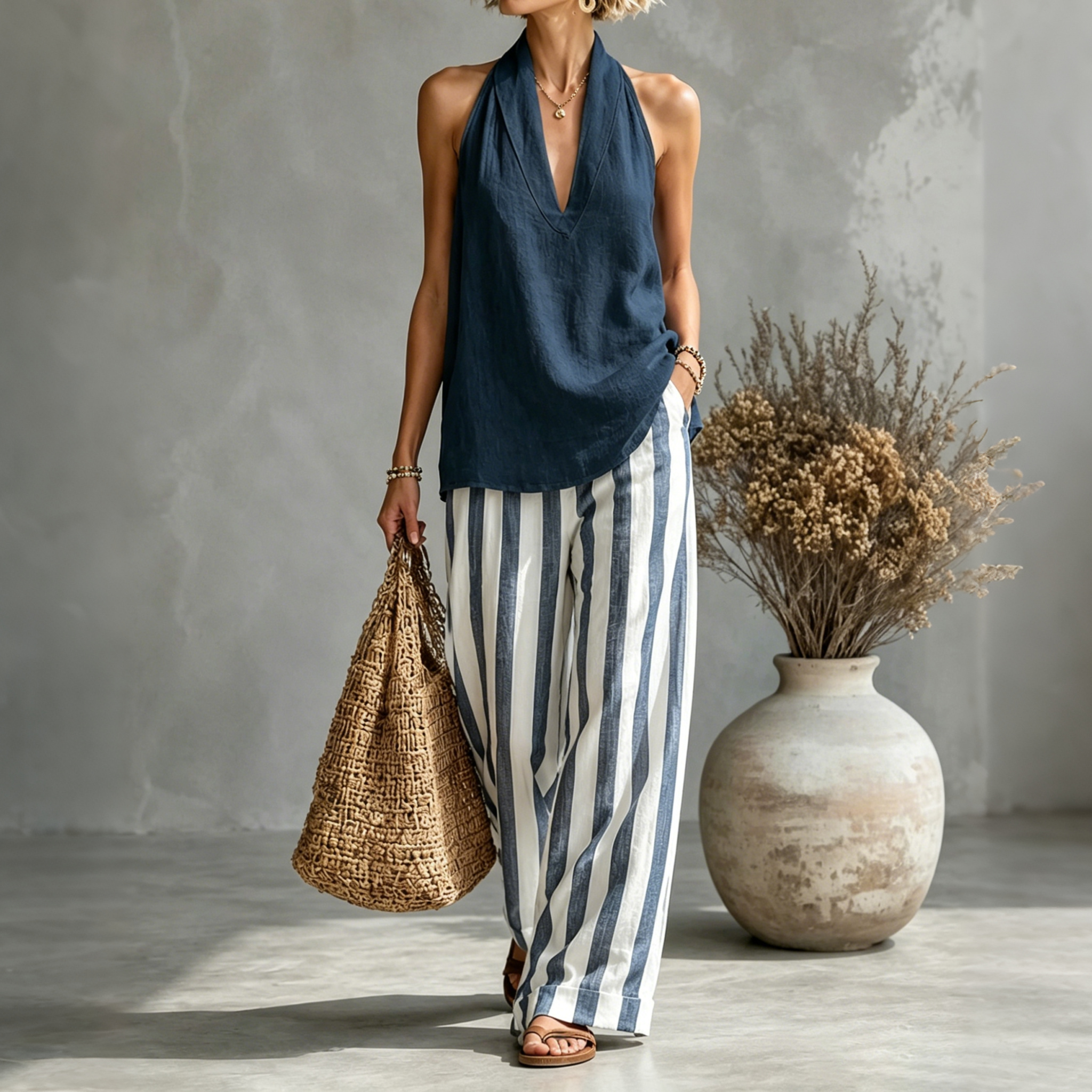 Striped Halterneck Vest Wide-leg Pants Cotton Linen Two-piece Set