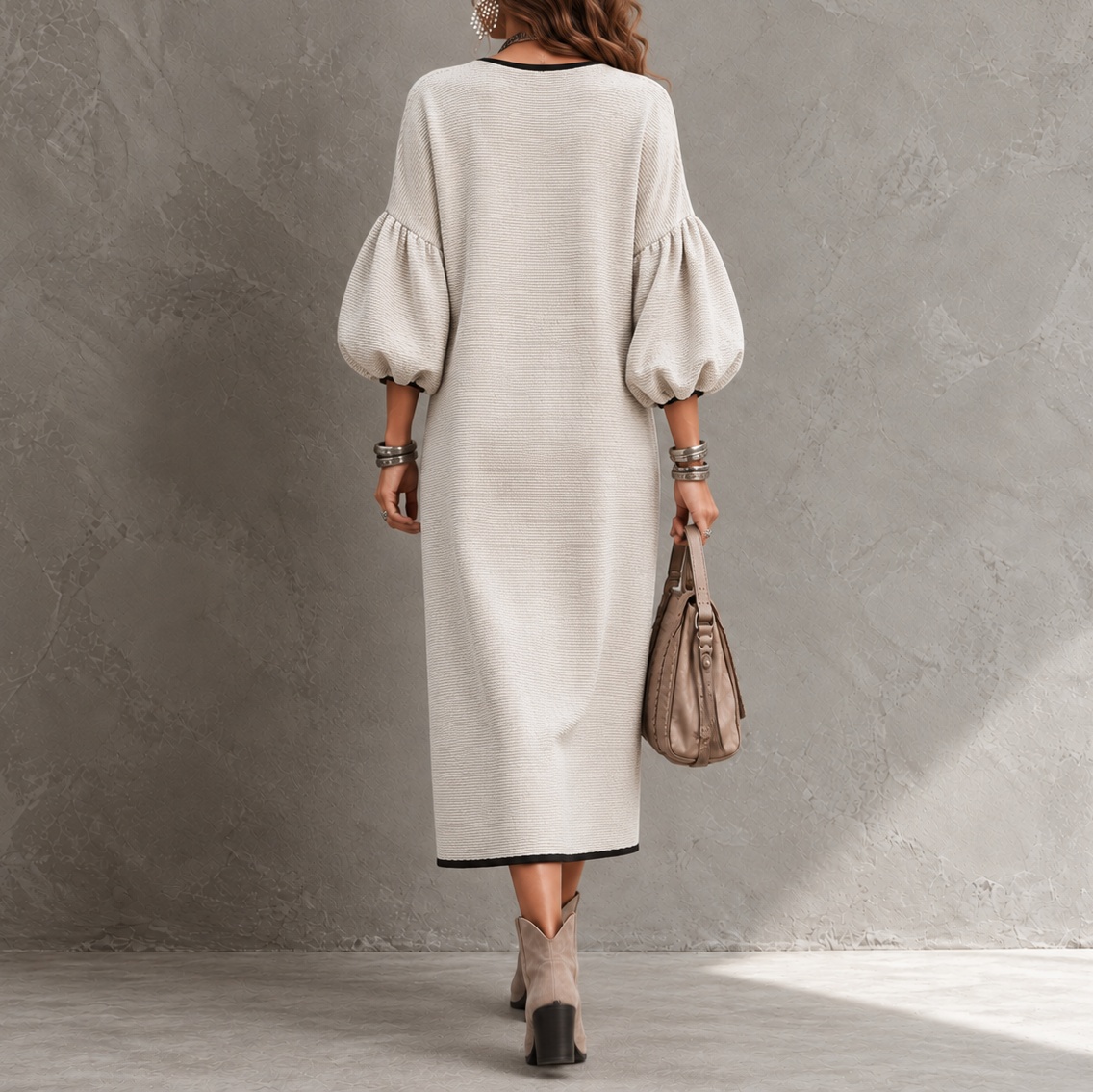 Elegant Solid-color Crew Neck With Puff Sleeves Maxi Dress