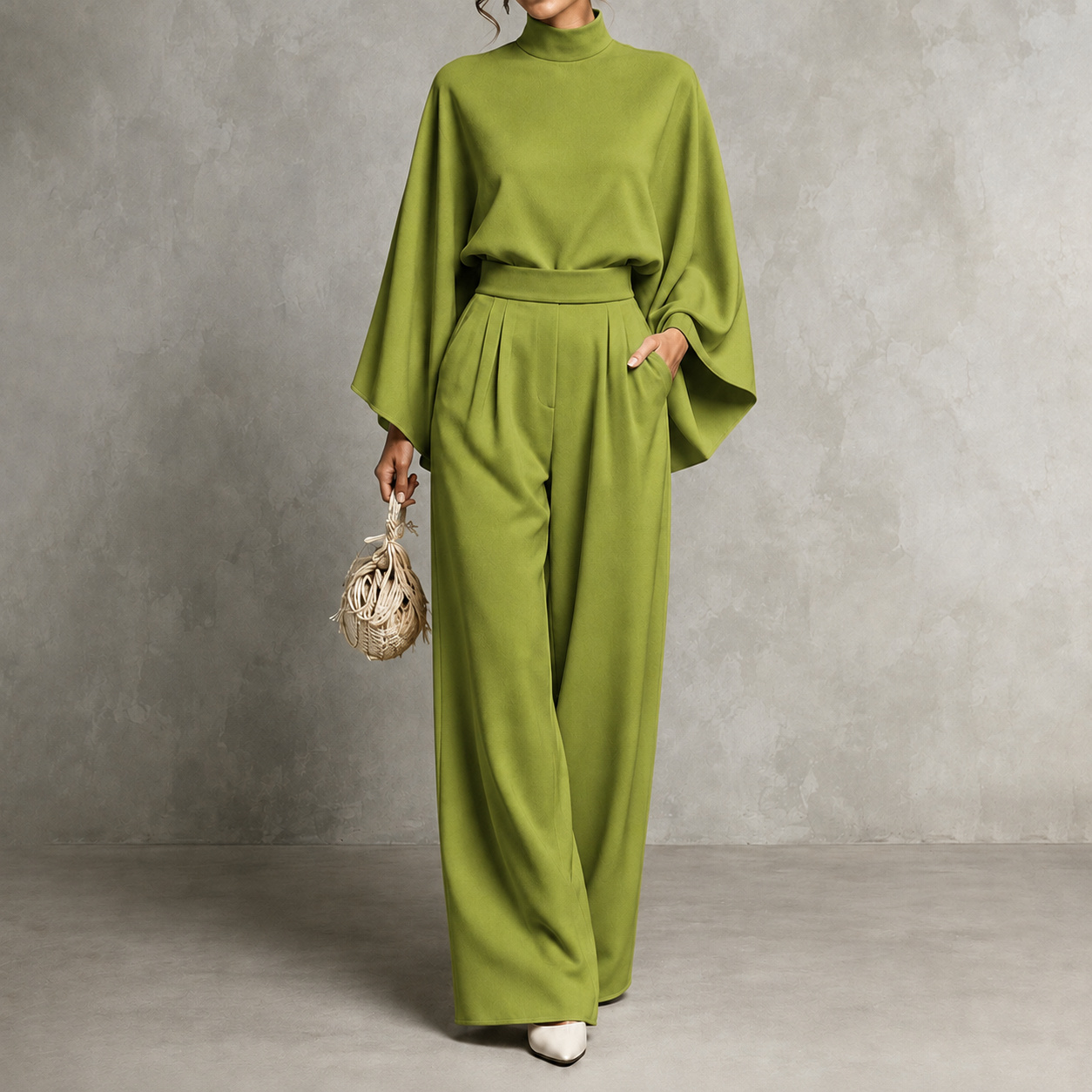 Elegance Solid Color Turtleneck Top + Loose Wide-leg Pants Two-piece Set