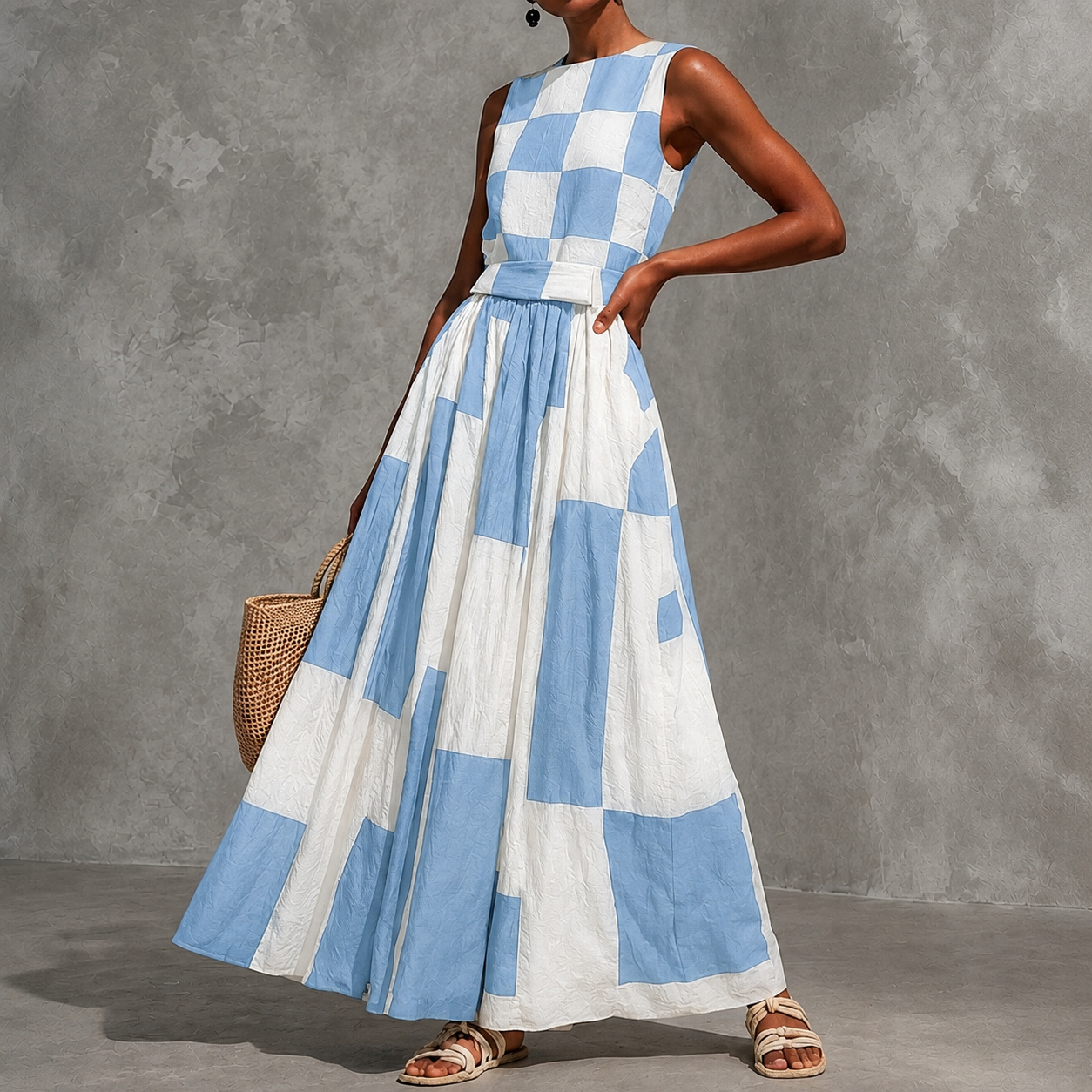 Vacation Checkered Sleeveless Patchwork Maxi Dress