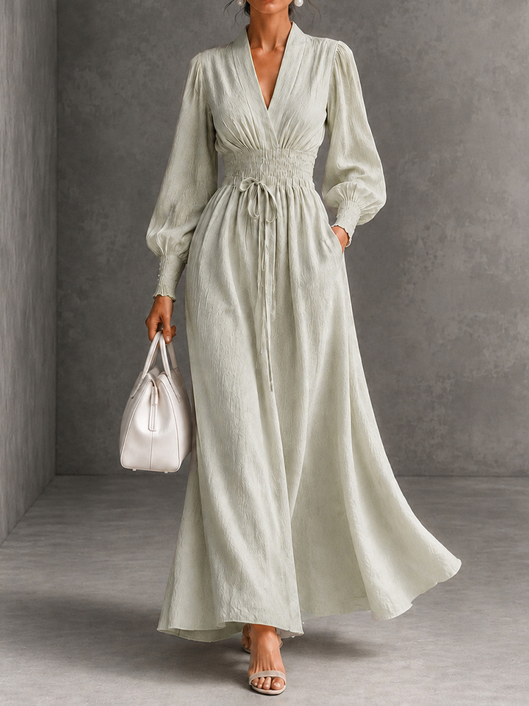 Elegance V-neck Belted Waist Long Sleevess Maxi Dress