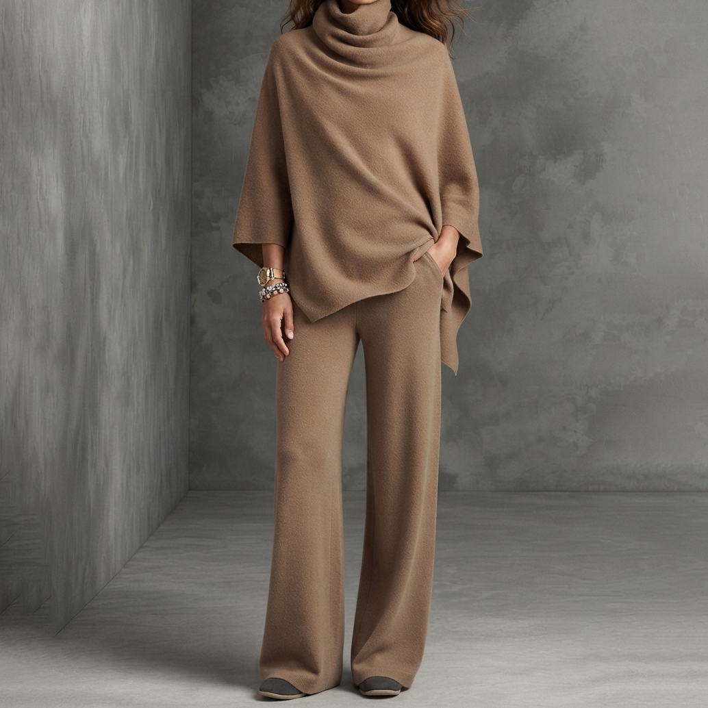 Retro Turtleneck Cape Cloak Top And Wide-leg Pants Two-piece Set