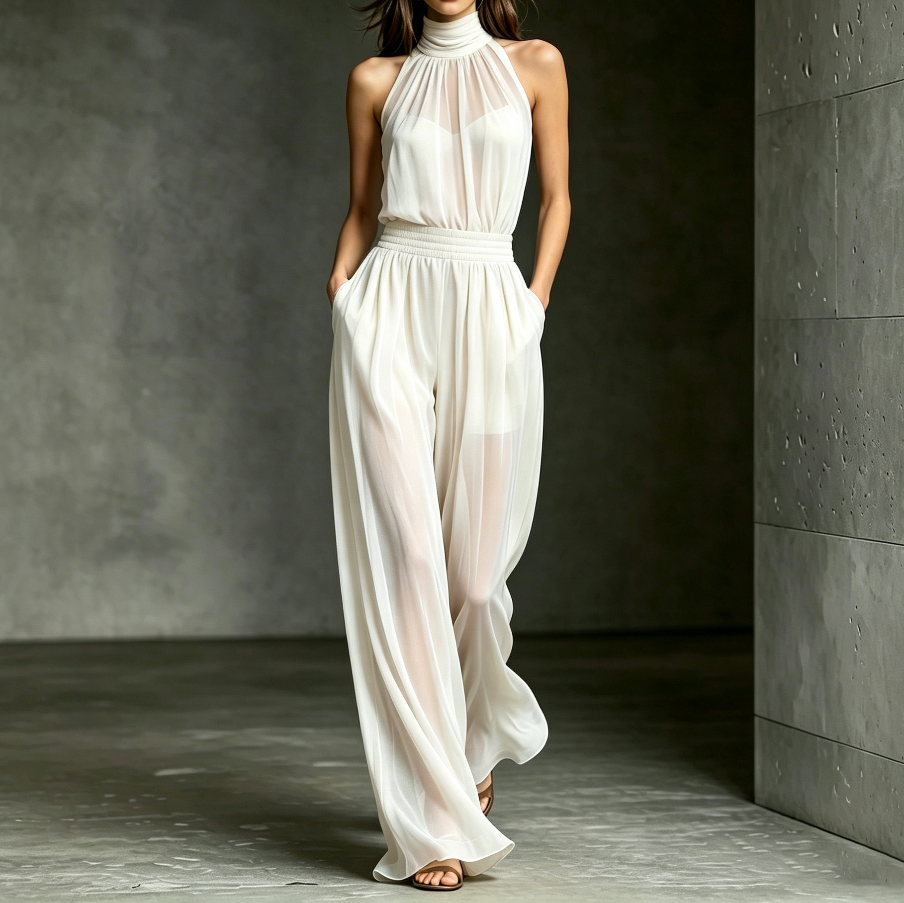 Chiffon Spliced Sleeveless High Neck Backless Wide Legs Jumpsuit