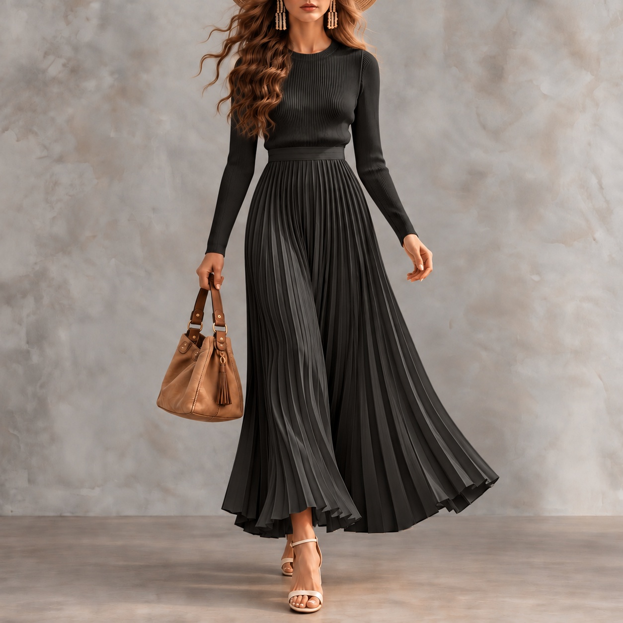 Long-sleeved Crew-neck Top And Pleated Skirt Two-piece Set