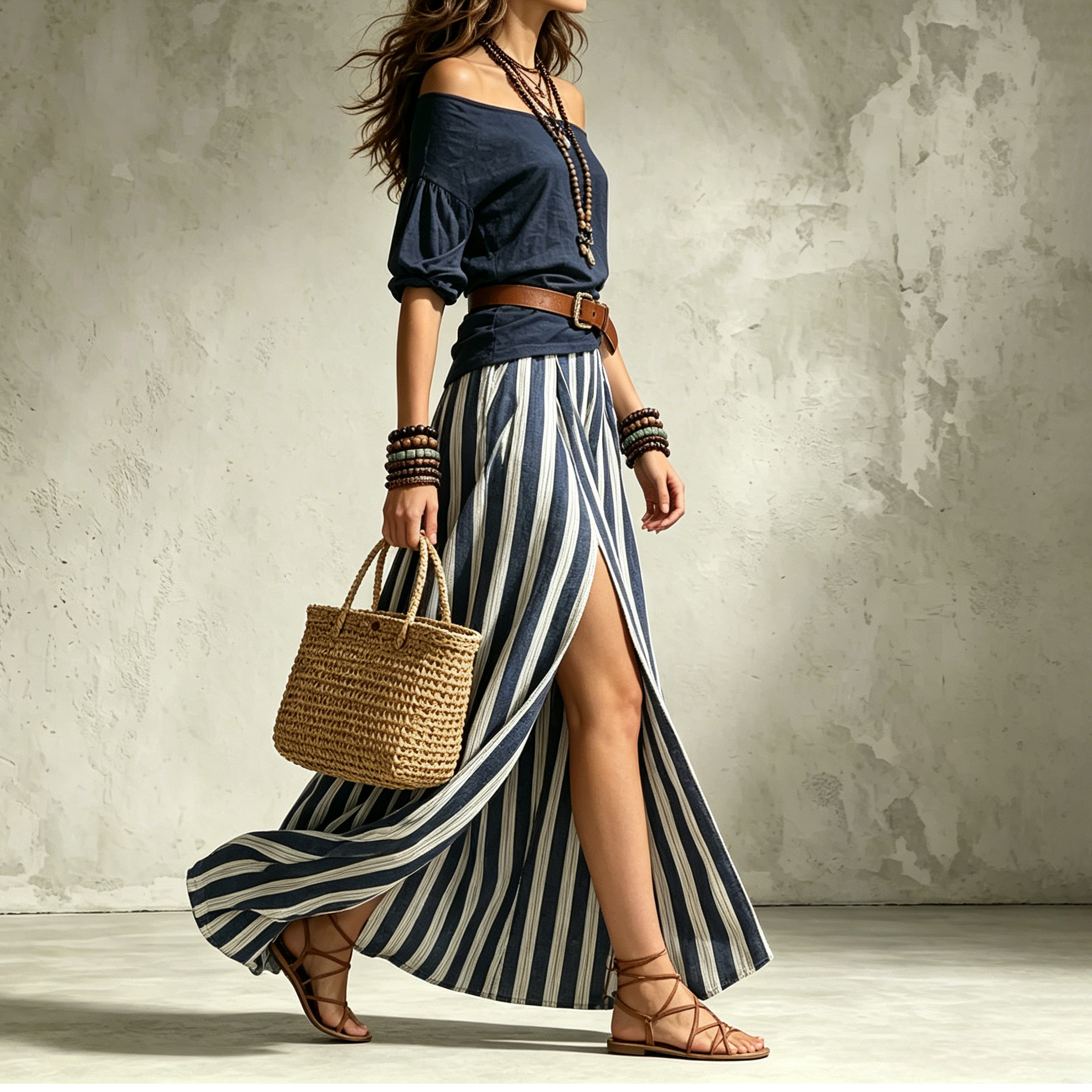 Vacation Off-the-shoulder Top And Slit Skirt With Belt Two-piece Set