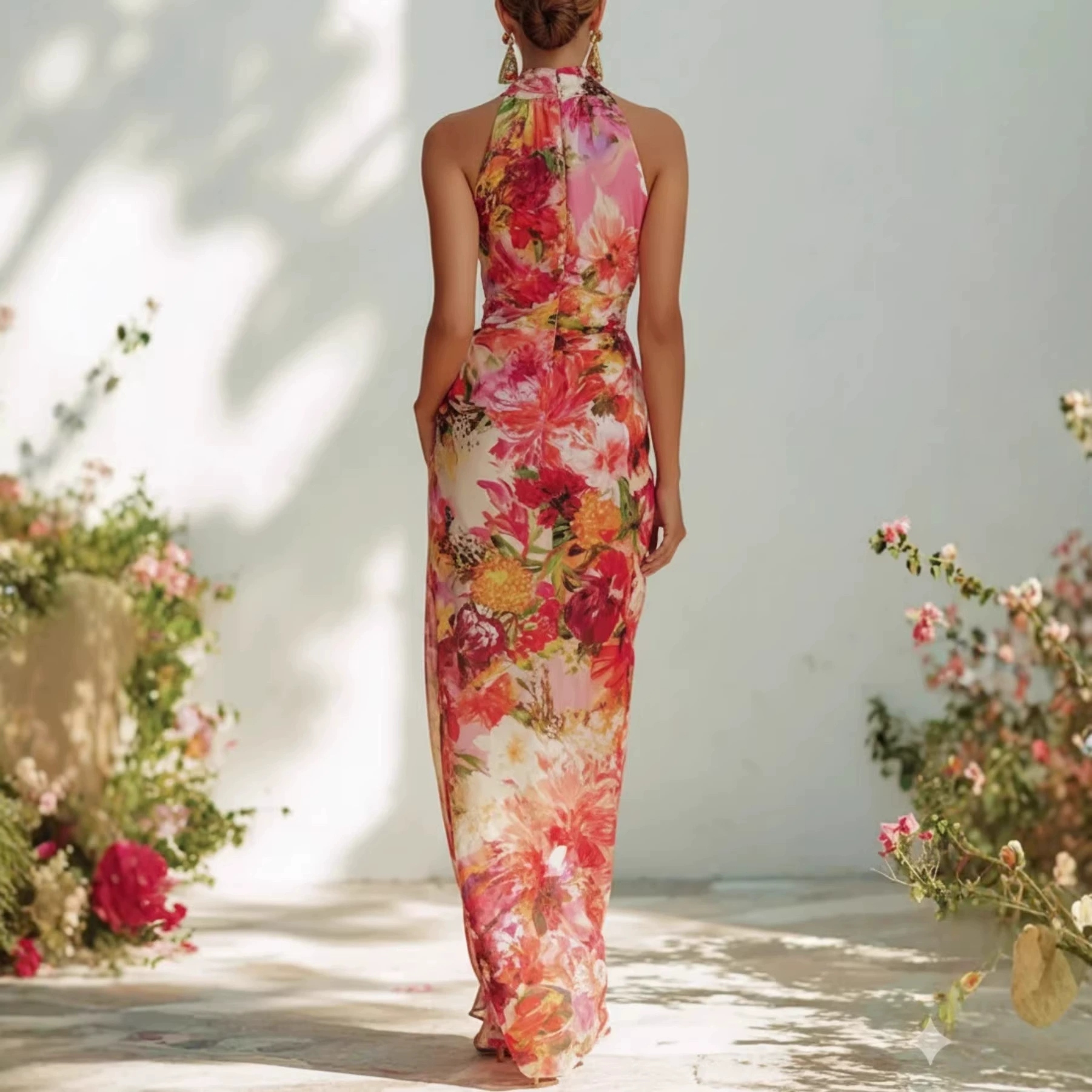 French Elegant Floral Halterneck Sleeveless Slim Chiffon Dress
