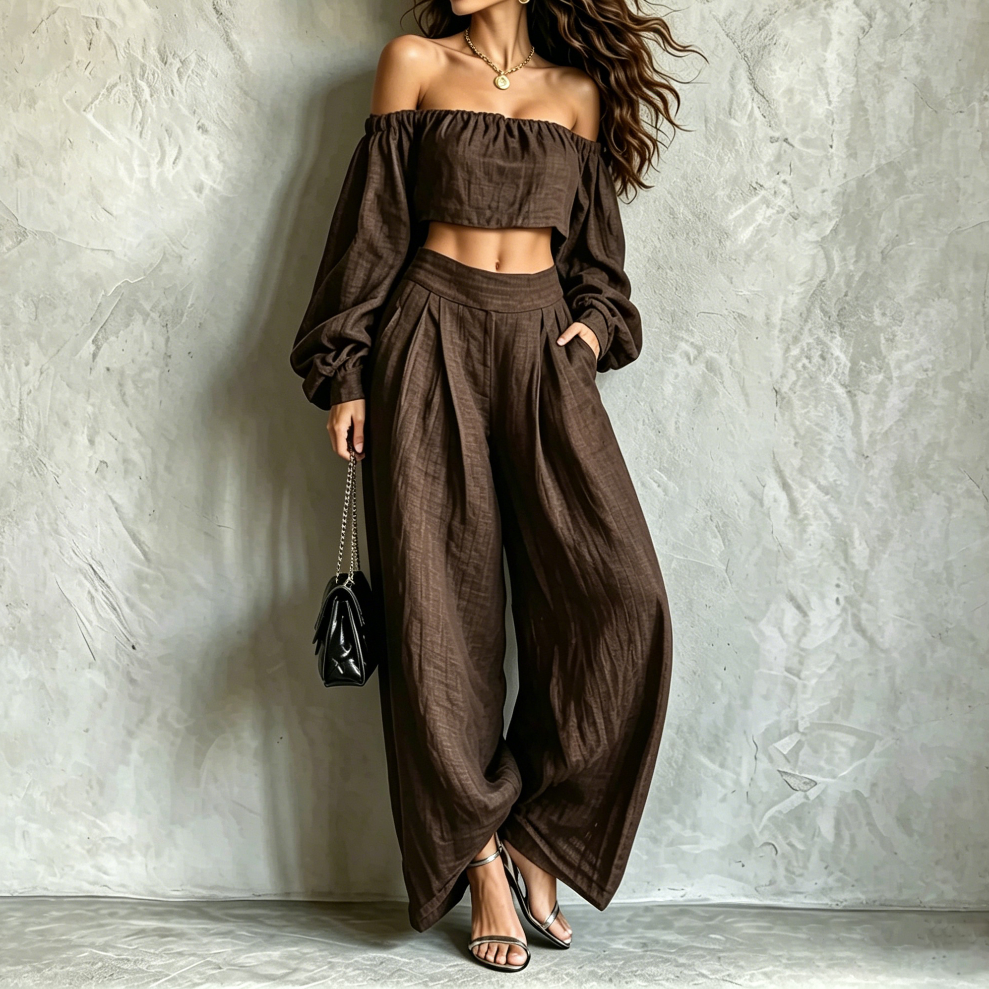 Off--shoulder T-shirt And Loose Wide-leg Pants Two-piece Set