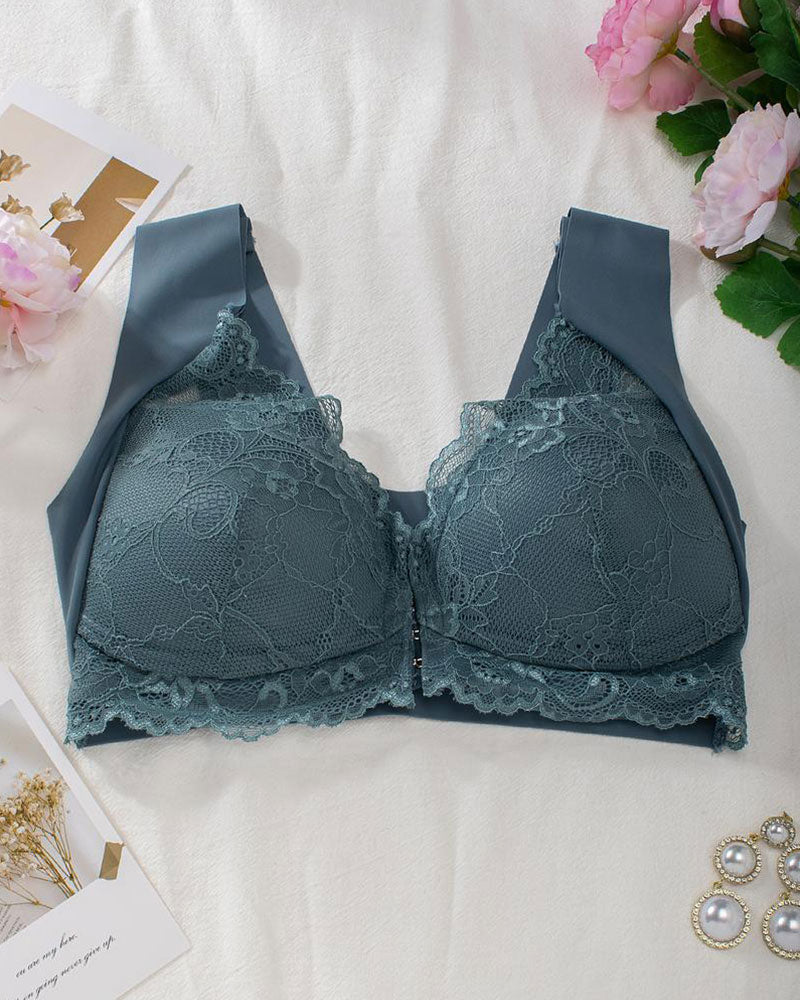 Women's Contrast Lace Hook & Eye Front Pushup Bra