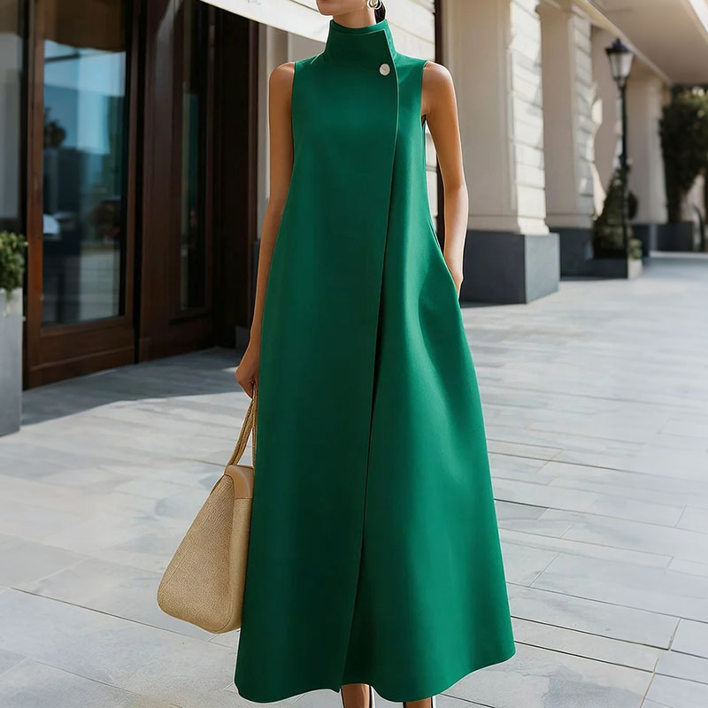 Elegant Stand Up Collar Sleeveless Midi Dress