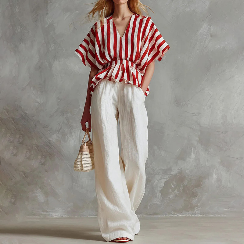 Striped Linen Waist-cinching Top And White Wide-leg Pants Two-piece Set