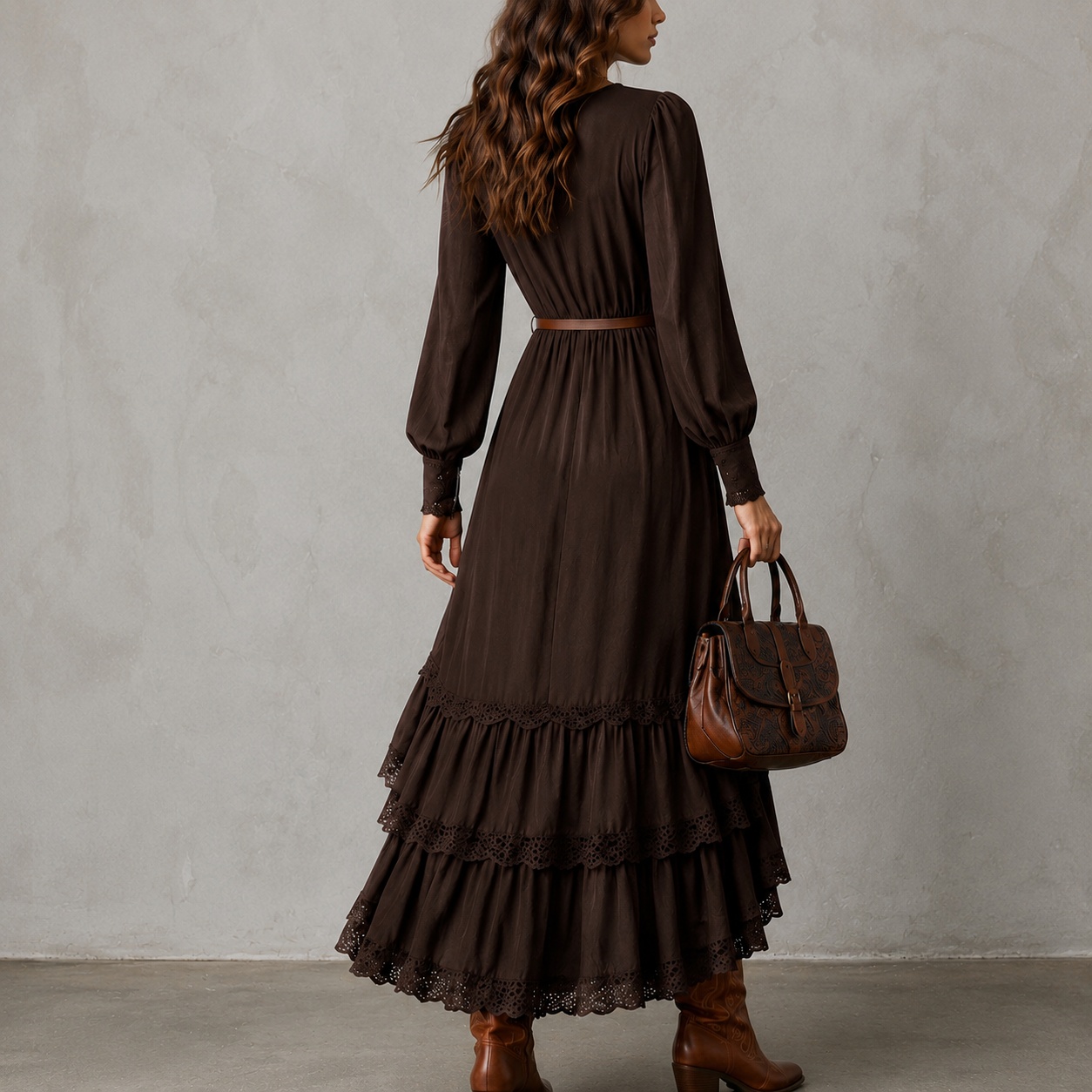 Retro V-neck Lace Trim Multi-layered Asymmetrical Hem Maxi Dress