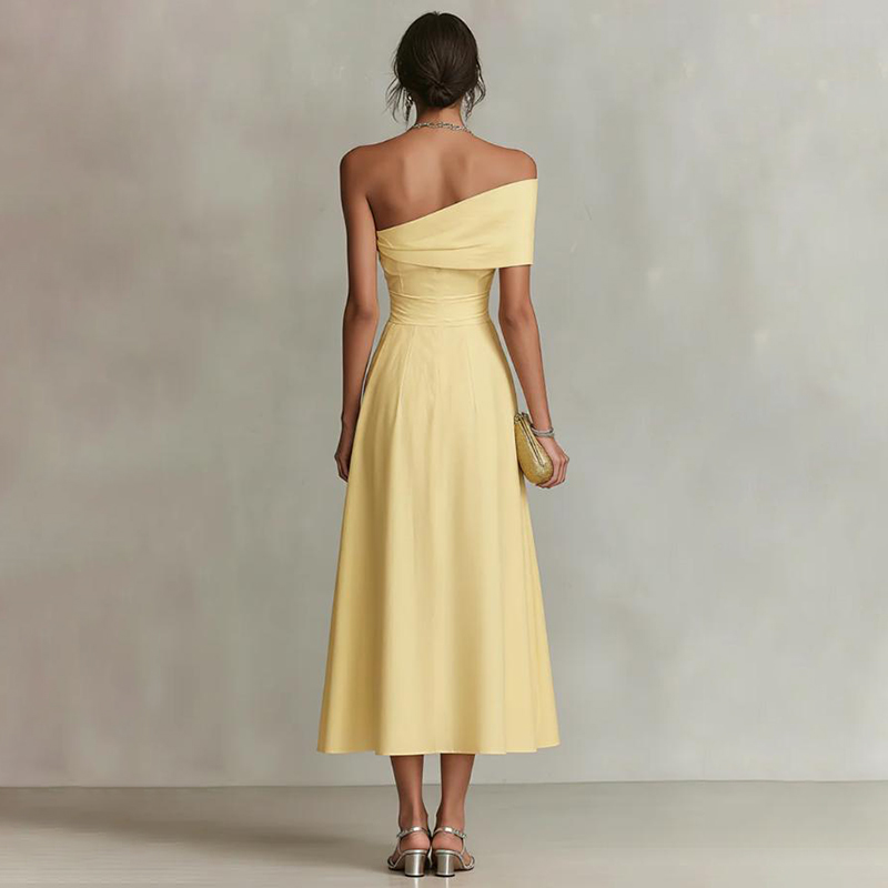 Women's Solid Color Waist Sloping Neck Backless Elegant Dress