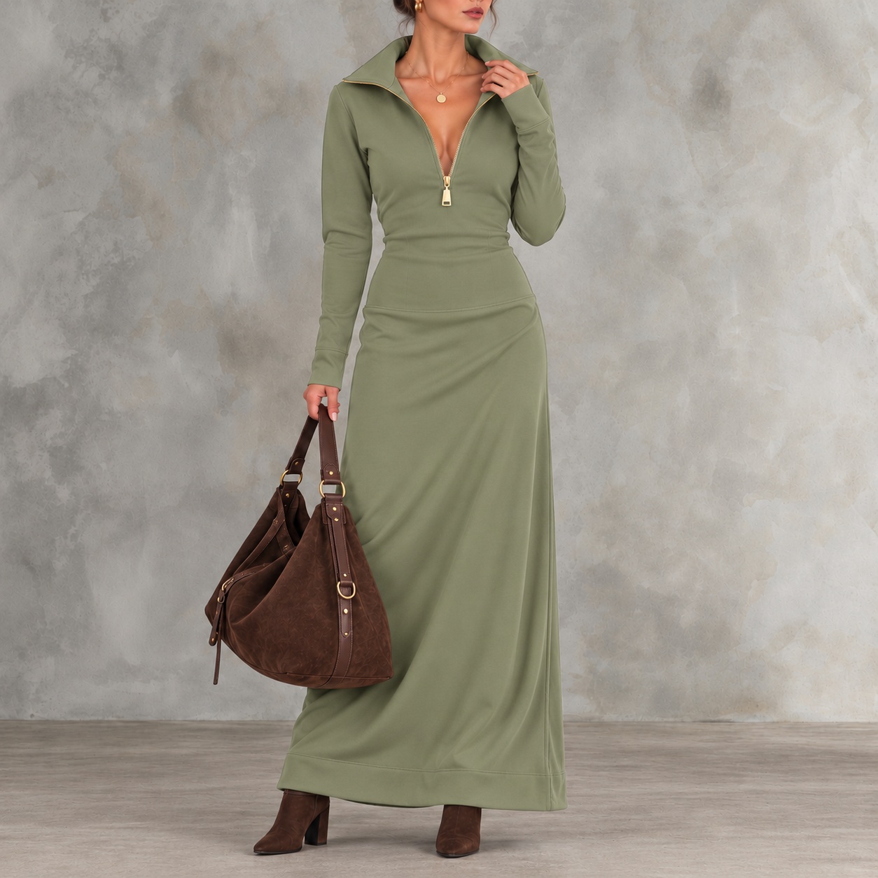 Elegant Solid-color Long-sleeve Casual Polo With A Half-zip Collar Maxi Dress
