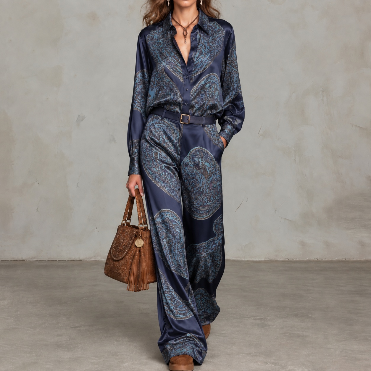 Paisley Print Long-sleeve Shirt And Wide-leg Trousers Set
