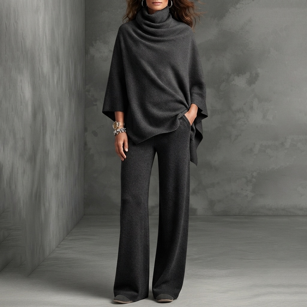 Retro Turtleneck Cape Cloak Top And Wide-leg Pants Two-piece Set