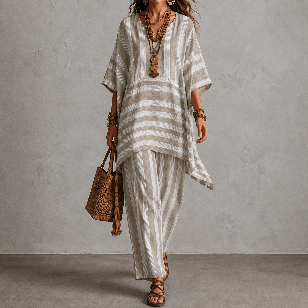 V-neck Loose Striped Top And Loose Wide-leg Pants Two-piece Set