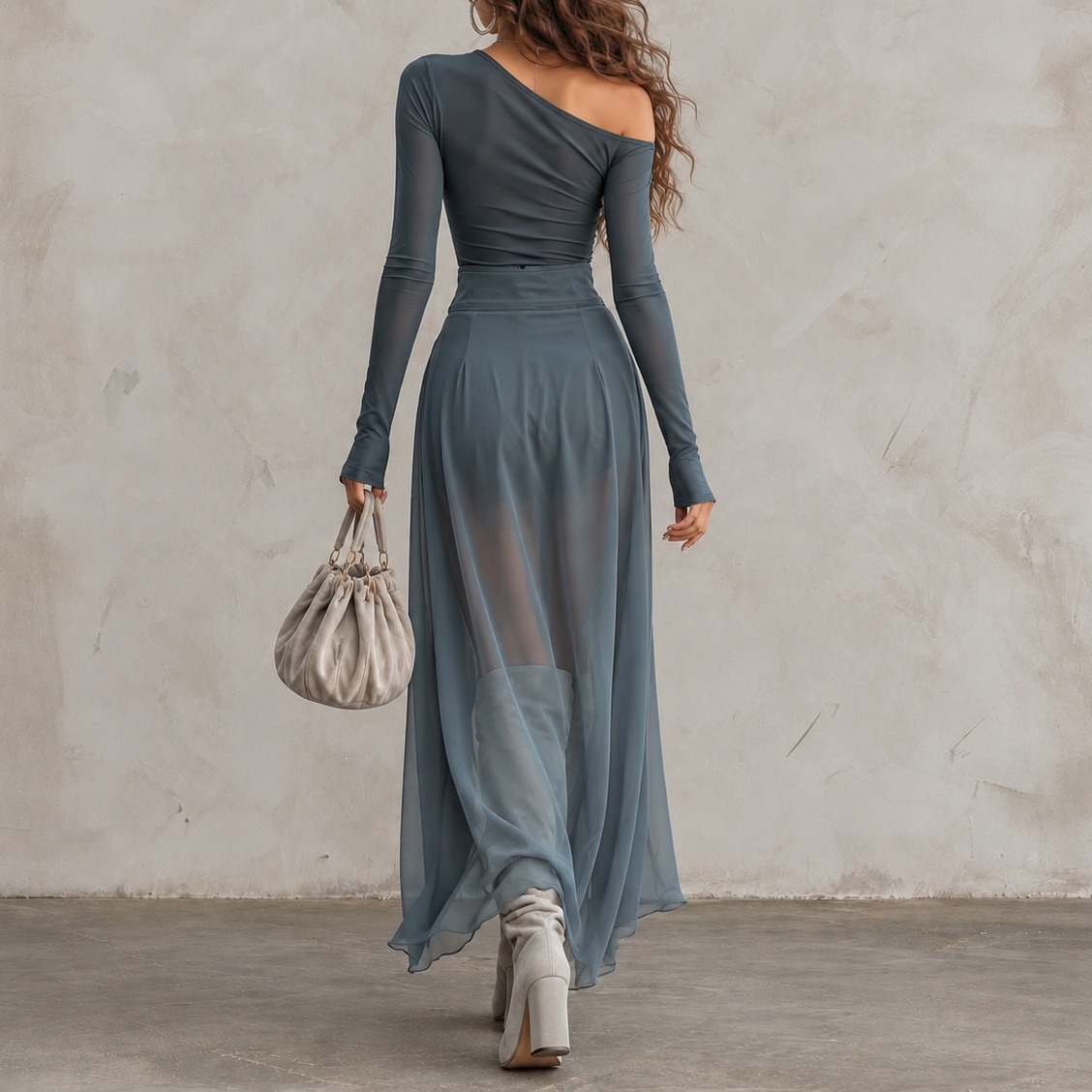 One-shoulder Long-sleeve Sheer Top And Mesh Skirt Two-piece Set