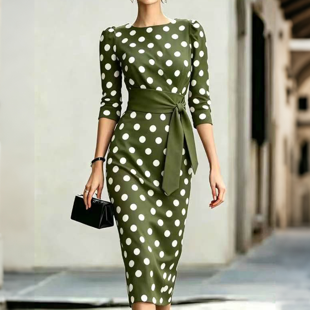 Retro Polka Dot Lace Up Waist Slim Fit Midi Dress