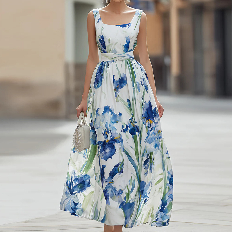 Elegant Watercolor Iris Print Square Neck Maxi Dress