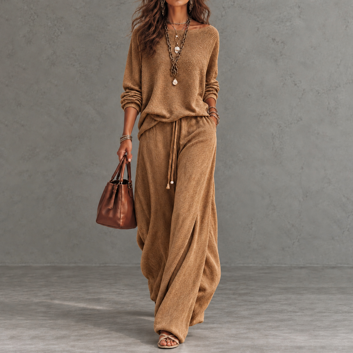 Elegance Boat-neck Dropped-shoulder Long-sleeve Top And Wide-leg Pants Set