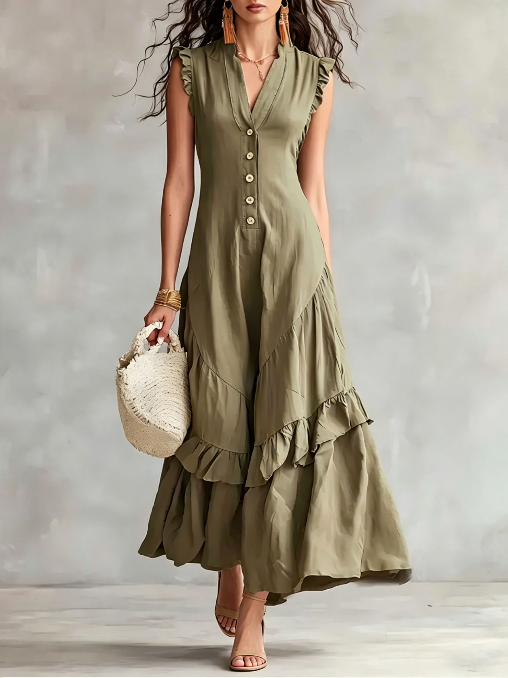 Elegant Minimalist Ruffled Sleeveless Linen Dress
