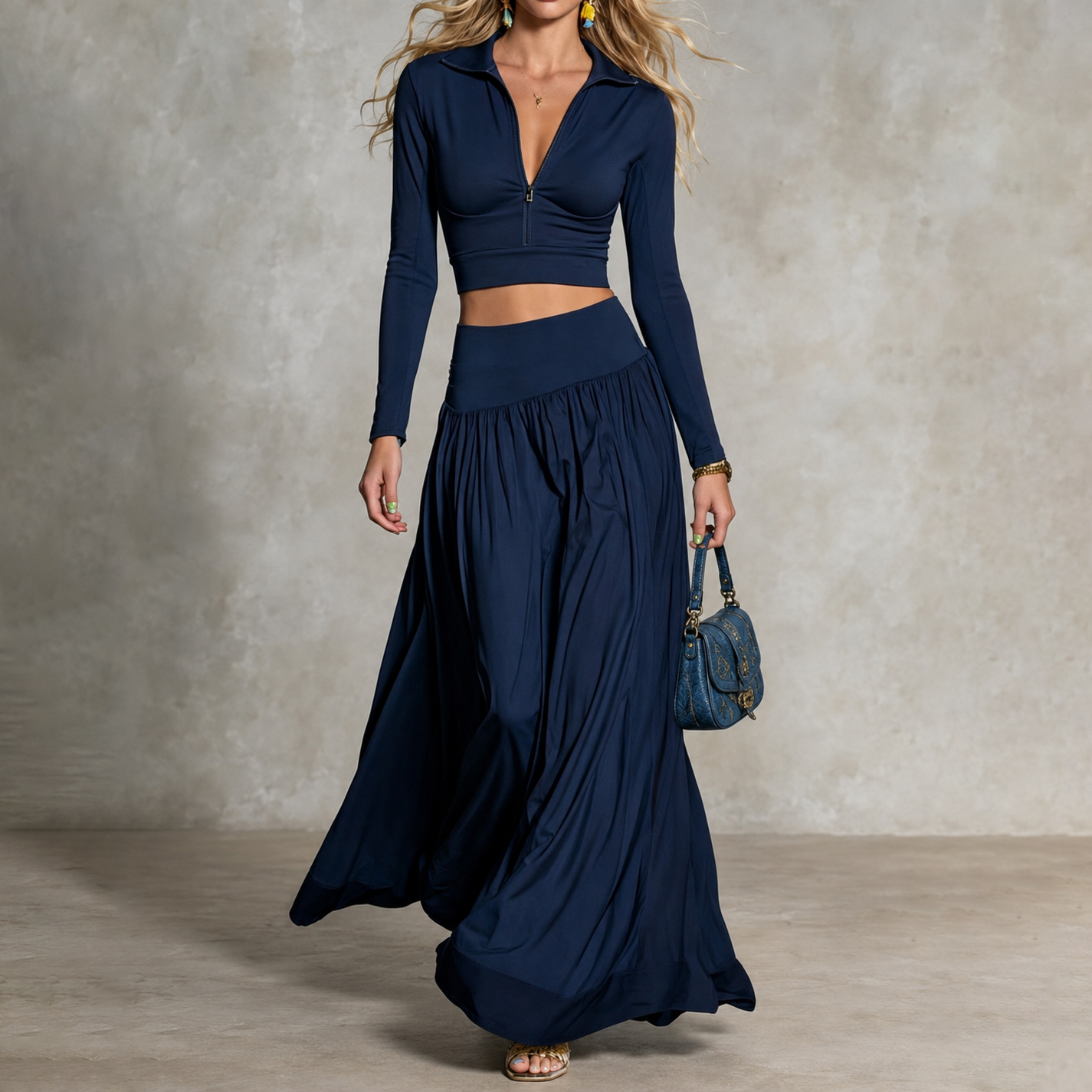Retro  Solid Color Long-sleeved Top + Skirt Two-piece Set Maxi Dress