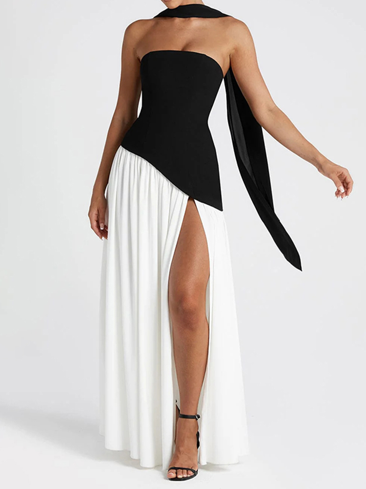 Elegant Backless High-slit Strapless Color-blocked Dress