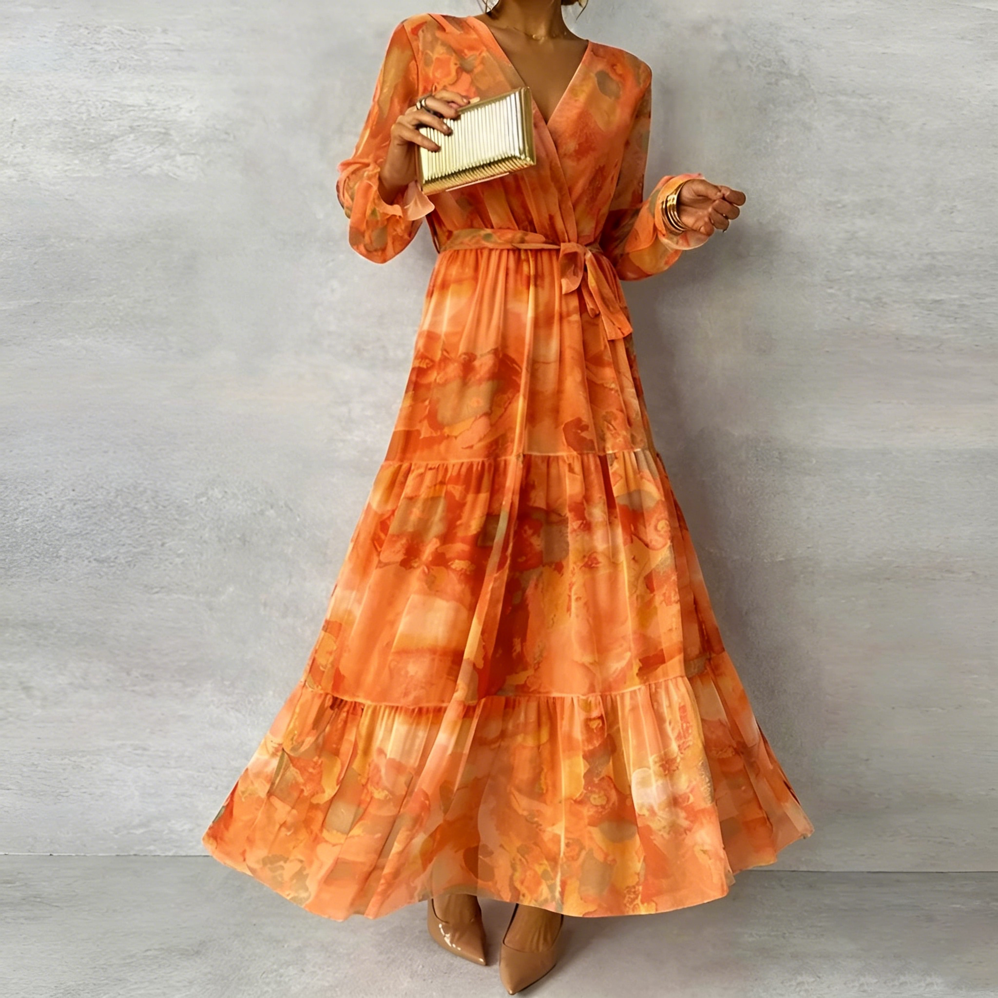 Women's Elegant Floral Print Lace-up Paneled Full-length Dress