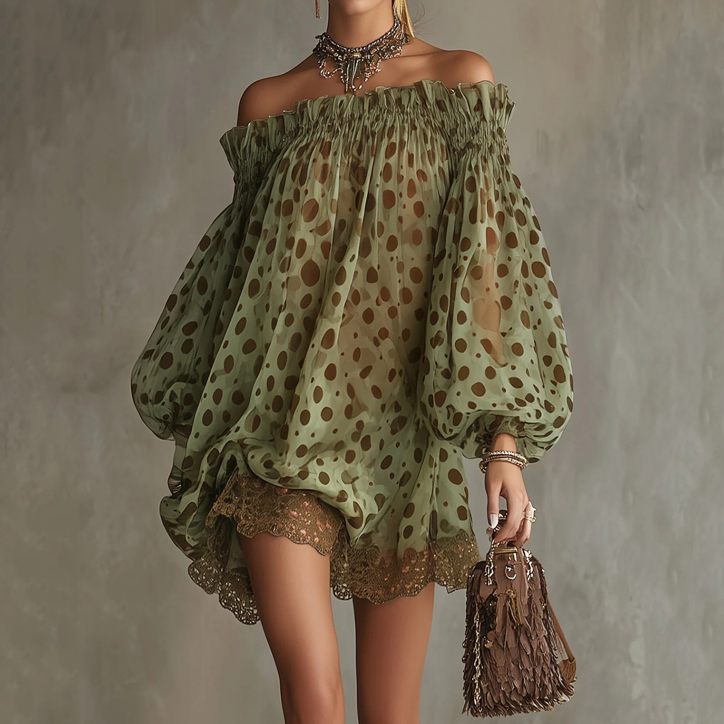 Elegant Polka Dot Art Off Shoulder Long Sleeve Mini Dress