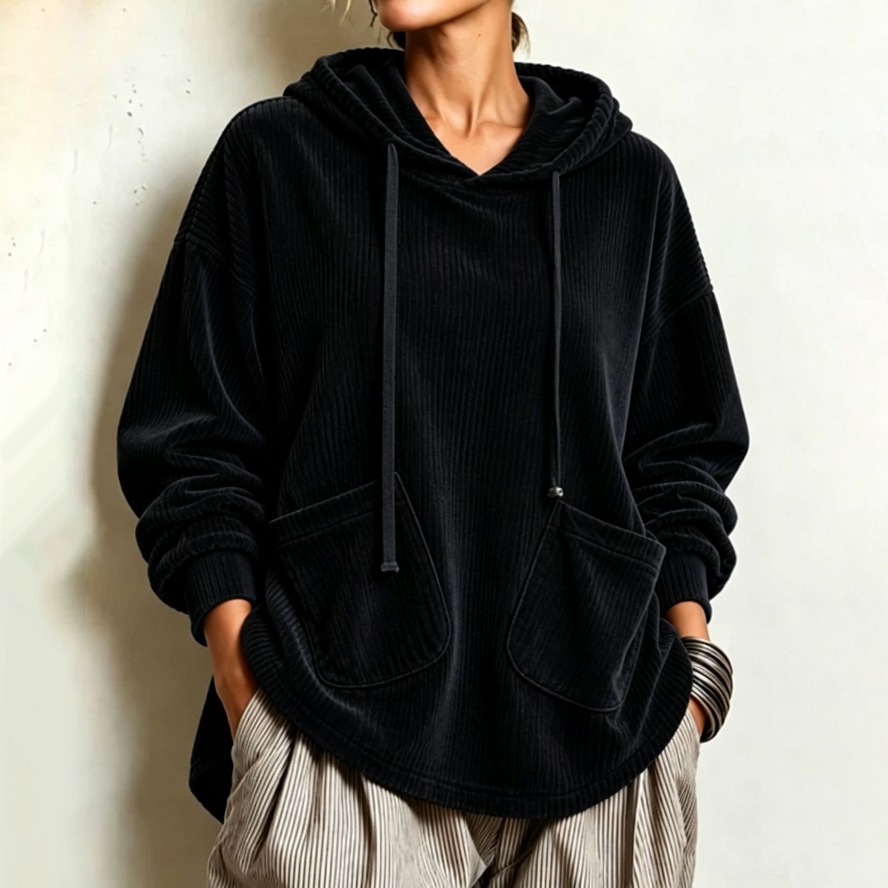 Women's Fall Winter Cozy Pocket Corduroy Hooded Top