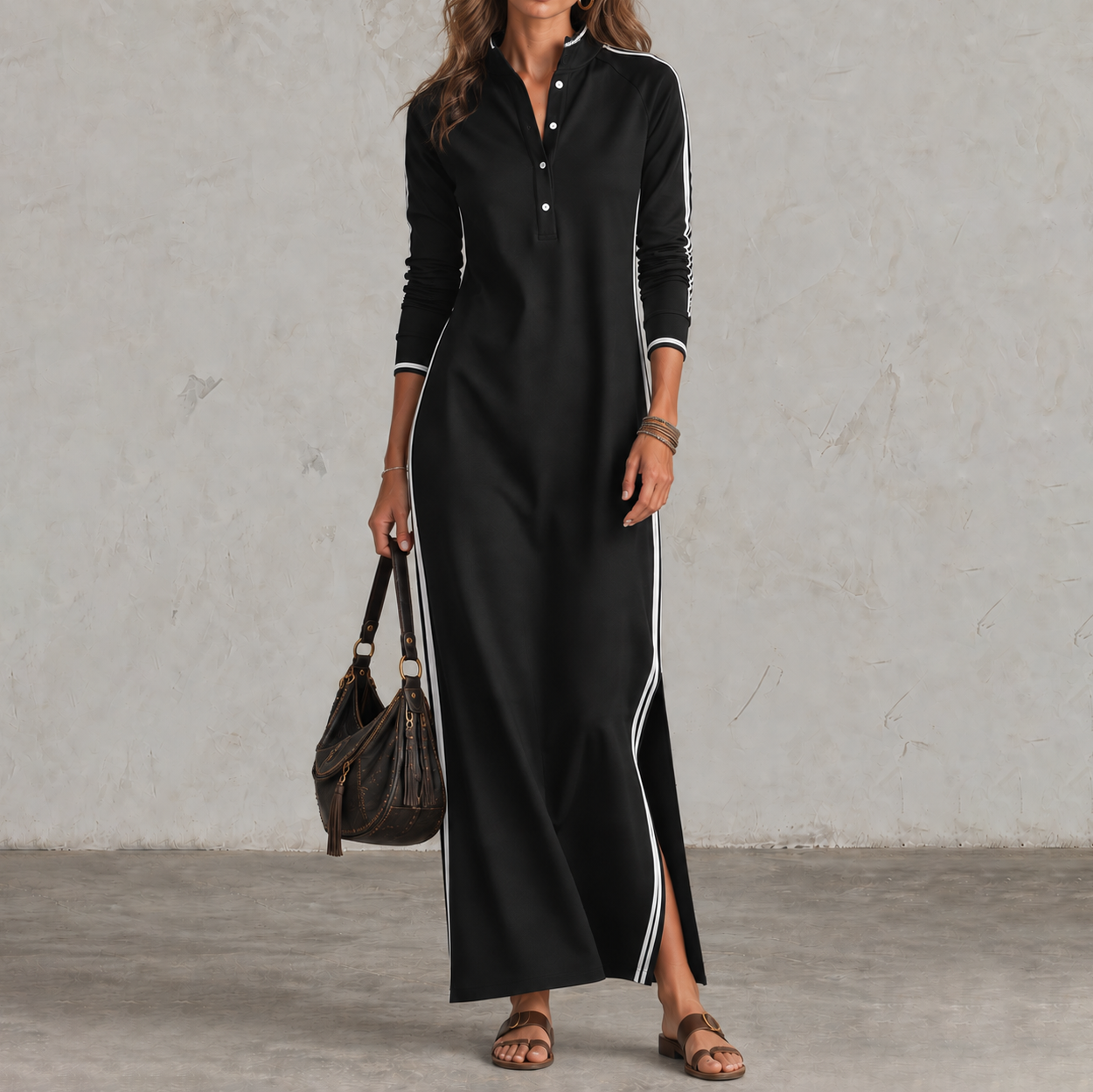 Elegant Minimalist Button-collar Long-sleeve Maxi Dress