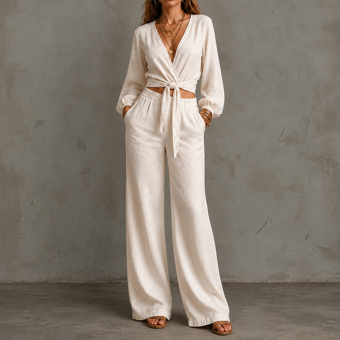 Fitted Waist Belted V-neck Top And Wide-leg Pants Two-piece Set