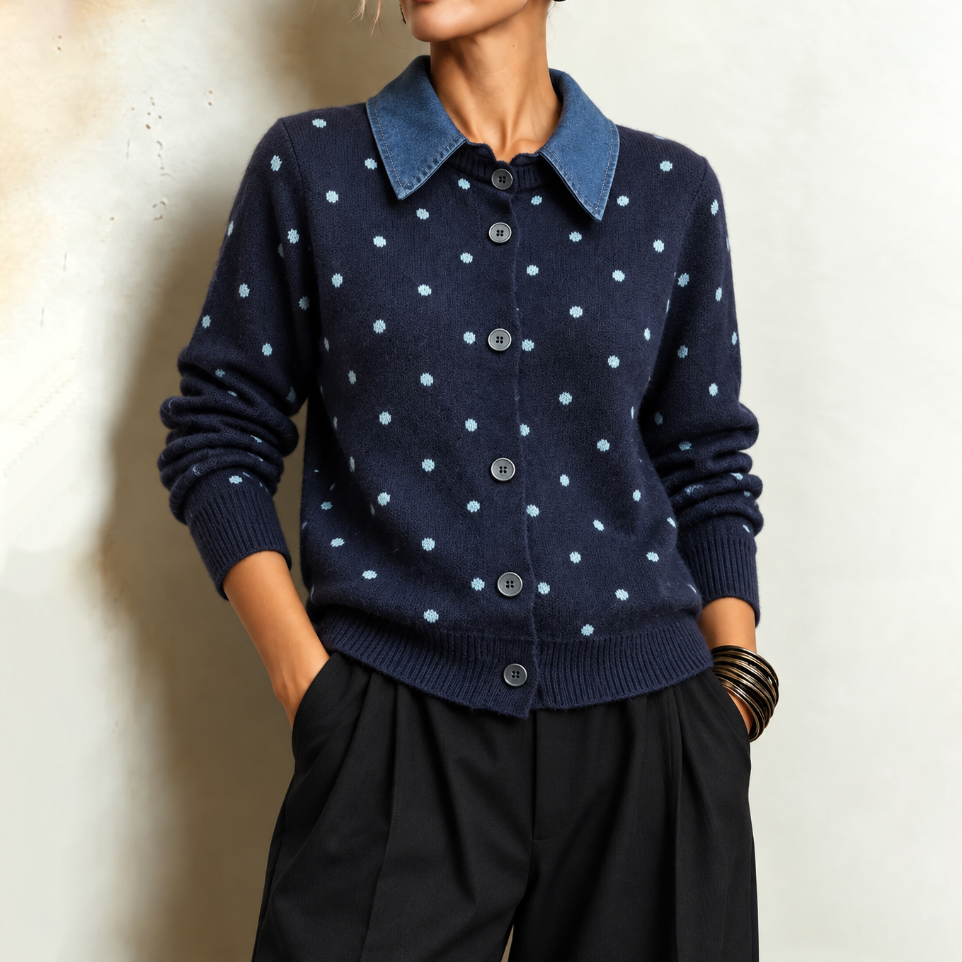 Women's Fall Winter Cozy Polka-dot "faux-layered" Denim Polo Collar Buttons Knit Cardigan